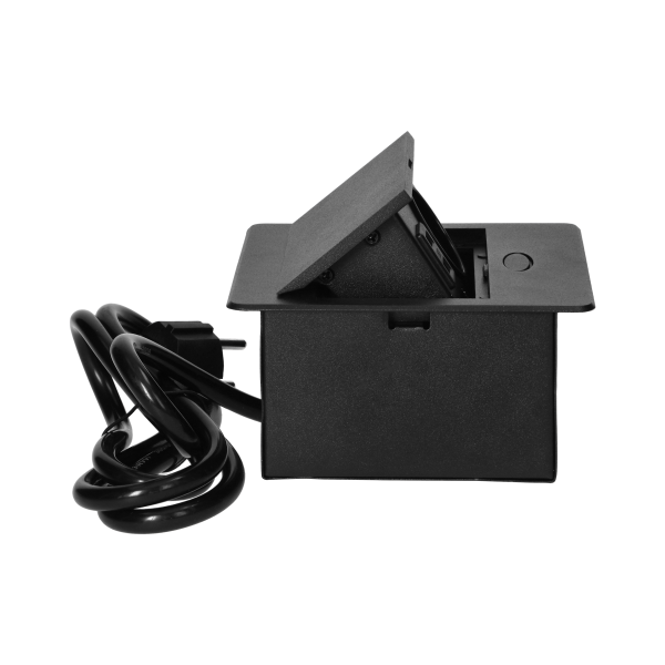 Recessed furniture socket with USB charger and 1.5m long cable, 1x2P+E Schuko, 2xUSB (type A, 2.1A), flat milled edge, black